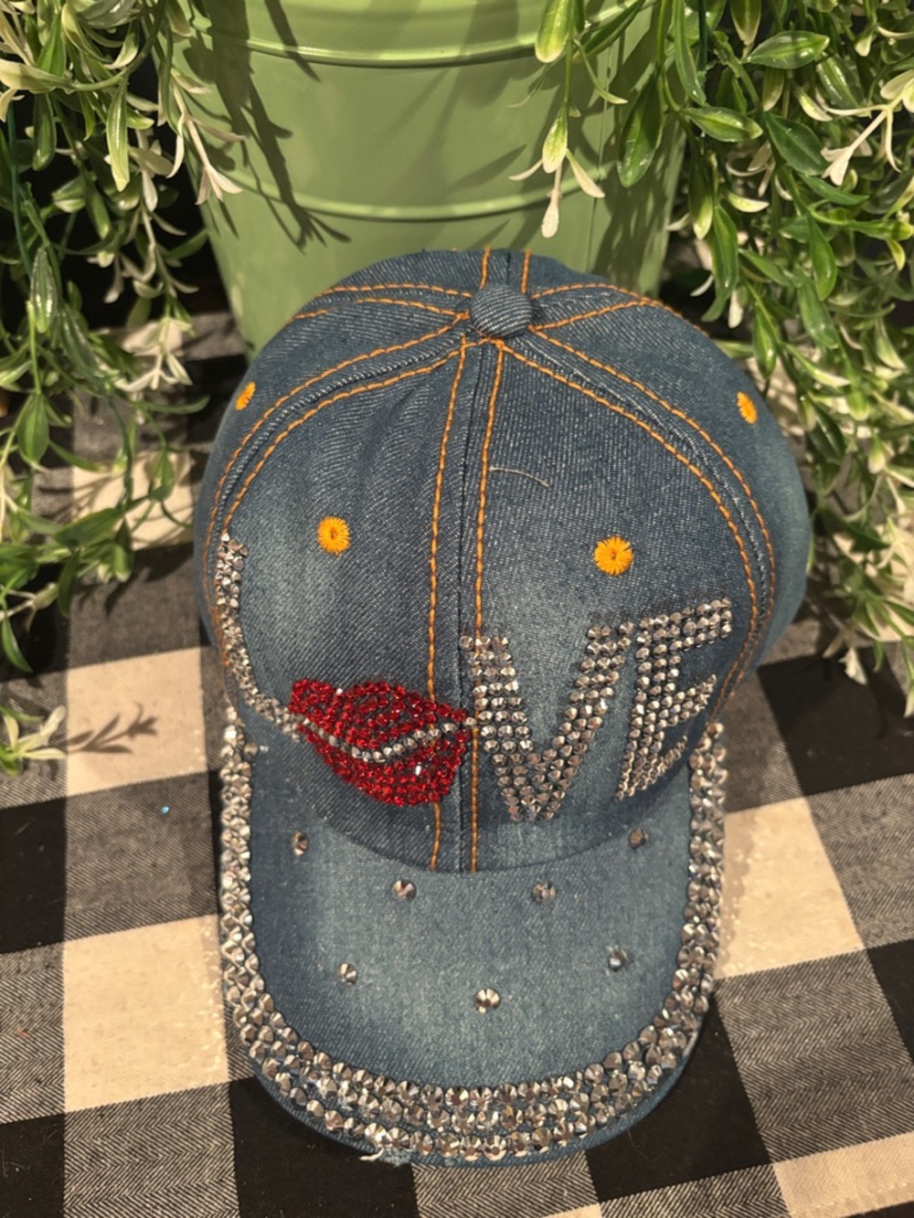 Rhinestone Denim 'LOVE' Cap with Red Lip Detail - Picture 4 of 8